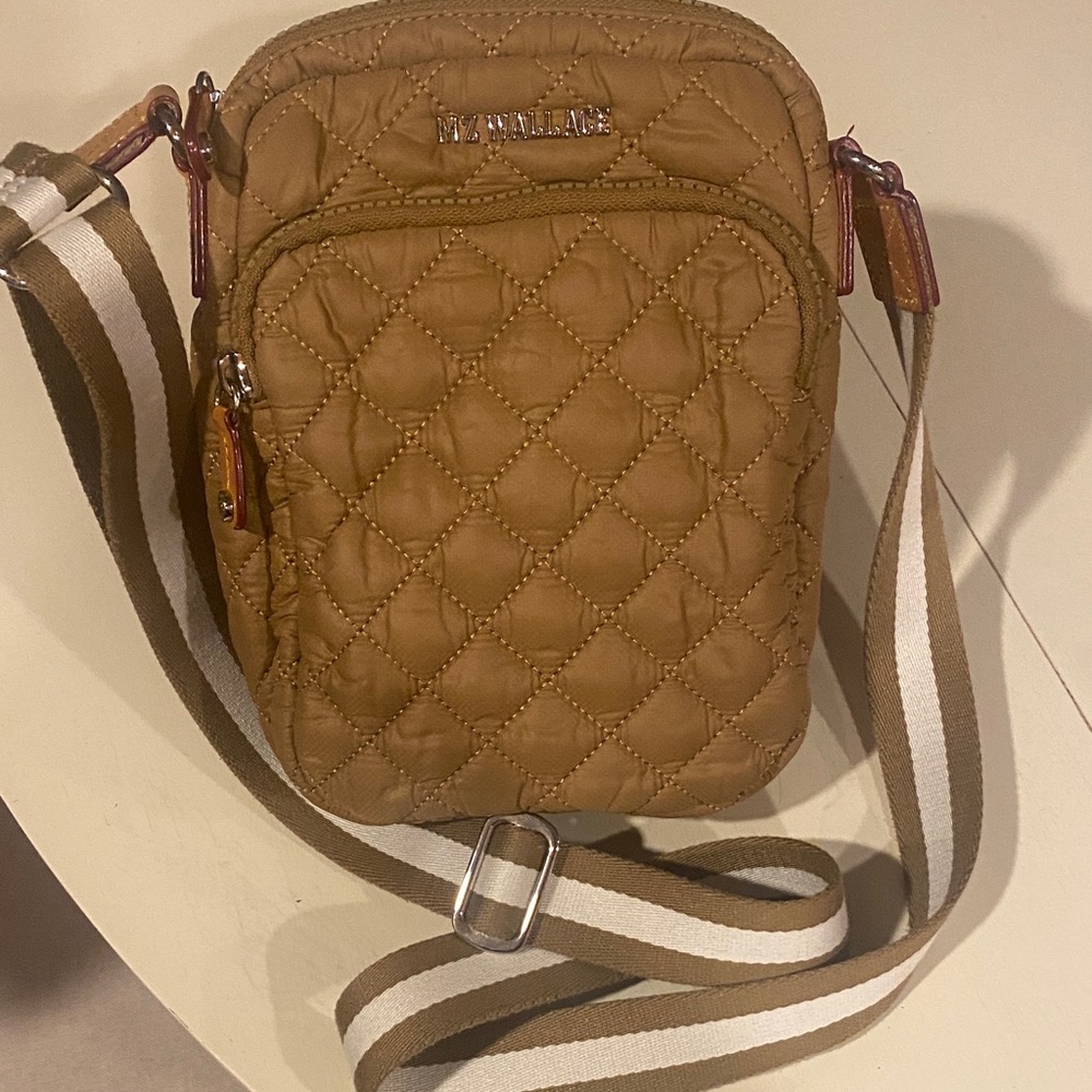 MZ Wallace Quilted Crossbody in Camel Brown with Striped Strap - Picture 2 of 5